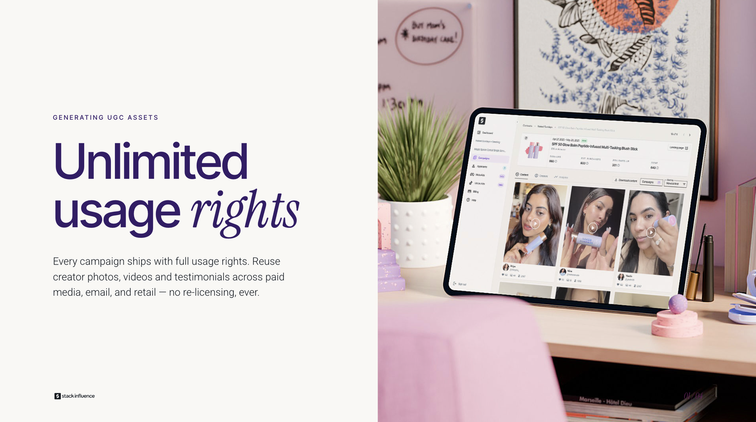 Unlimited usage rights — every campaign ships with full usage rights for creator photos, videos, and testimonials.
